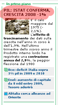 Crescita meno uno percento nel 2008 secondo l'istat